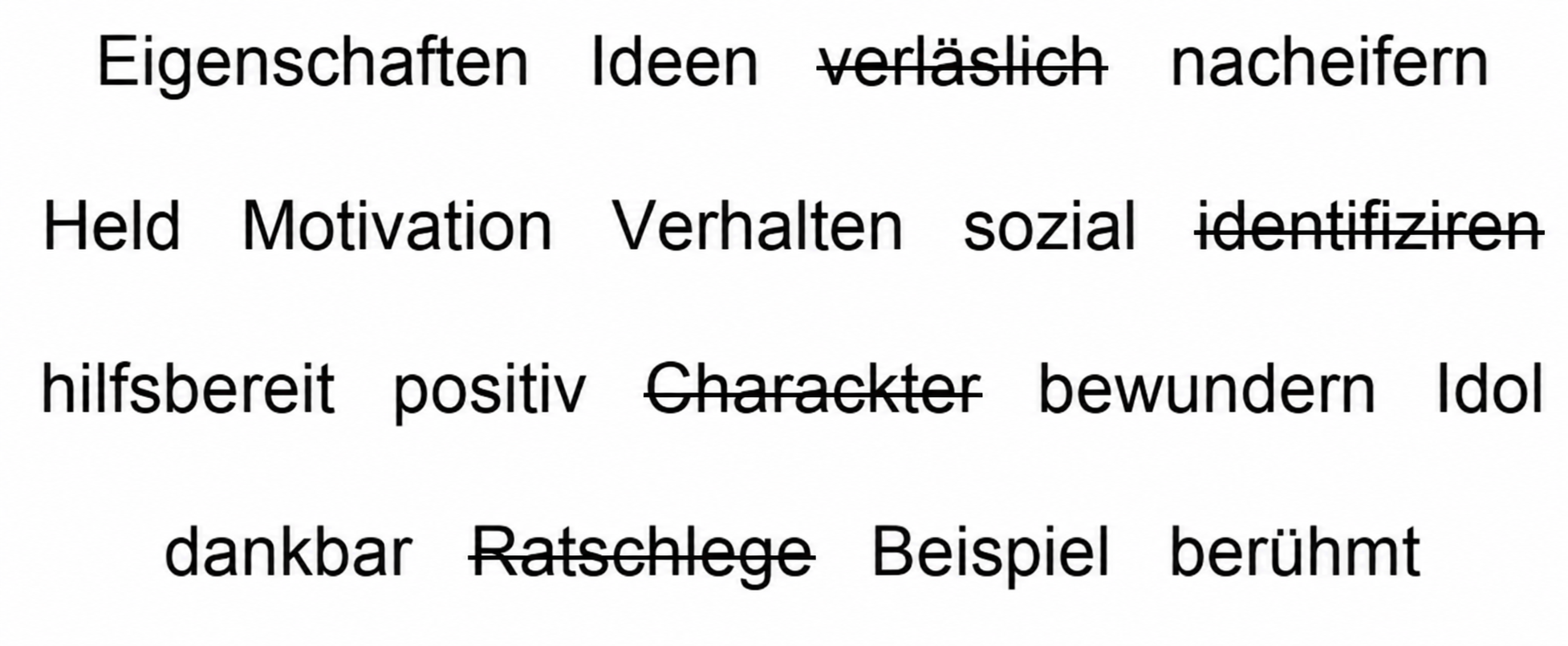 Wortwolke mit Begriffen zu Eigenschaften und Vorbildern, einige Wörter sind durchgestrichen.
